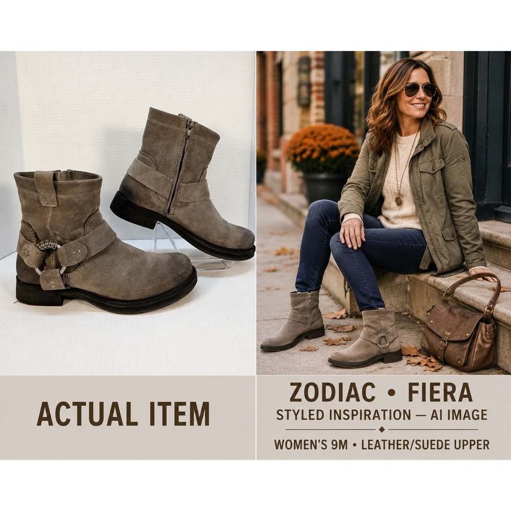 Zodiac Fiera Ankle Boot Women 9M Grey Excellent Suede Moto Harness Side Zip Moto